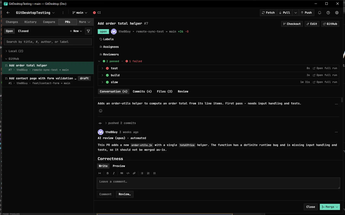 A GitHub pull request in GitDesktop: CI checks (2 passed, 1 failed) with per-job status, an automated AI review, and the merge action